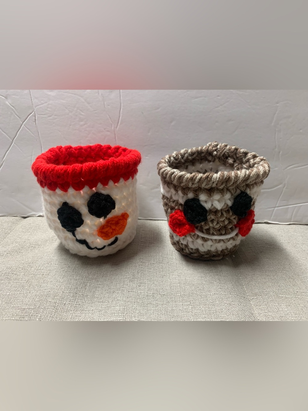 Festive Crochet Cup Cozy Set - Red, White & Brown Snowman Designs